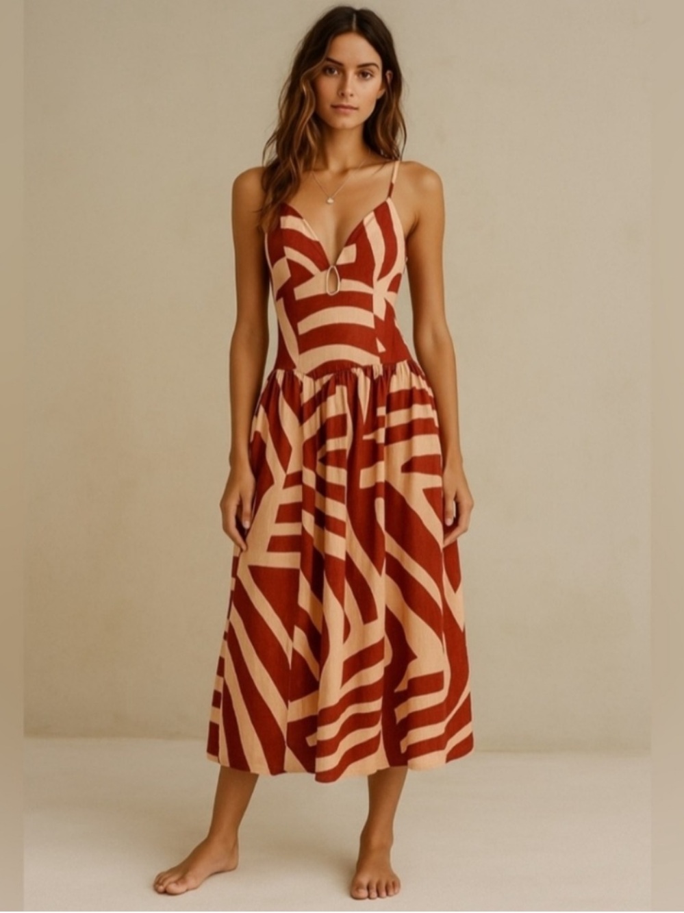 NWOT Mon Renn Surreal Spaghetti Strap Tiered Skirt Midi Dress In Tropico Print
